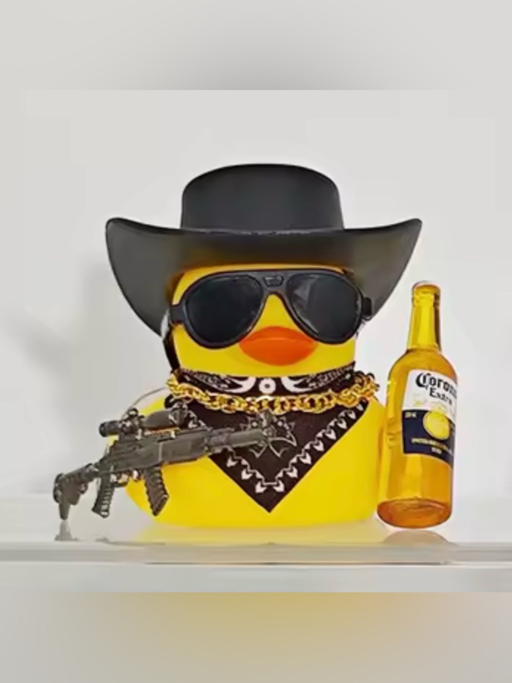 Novelty Yellow Rubber Duck with Black Hat and Sunglasses with gun and Corona